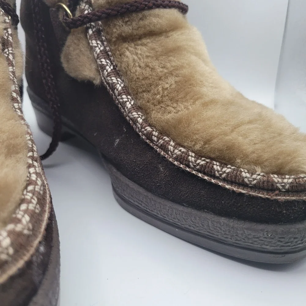 Yodeler Womens 8 Leather Boots Vintage USA Brown Faux Fur Trim Winter Snow Shoes